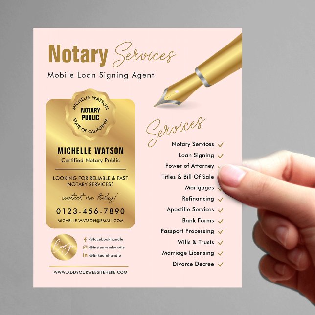 Flyer Logotipo rosa e Dourado do Agente de Assinatura de (Blush pink & gold notary public marketing flyer with your custom photo and logo)