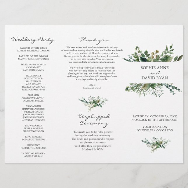 Flyer Lush Greenery Frame Tri+Fold Weding Program (Frente)