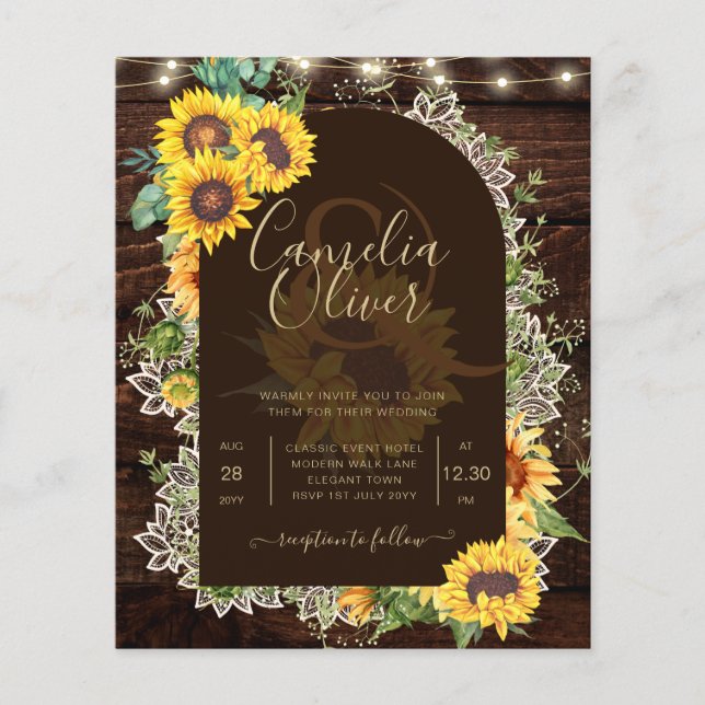 Flyer Luzes de Girassóis Rústicos Arco de Renda Casament (Frente)