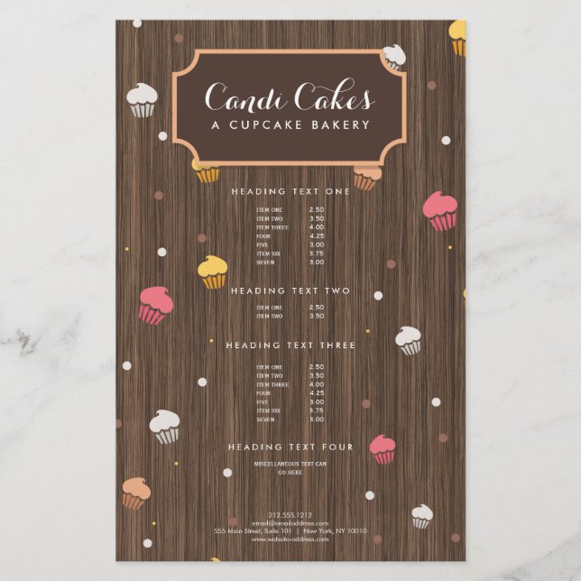 Flyer Madeira marrom, padrão da padaria de Cupcakes (Frente)