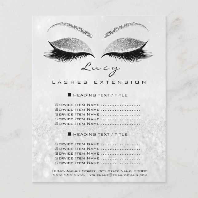 Flyer Makeup Artist Beauty Lash Glitter Price List Cinza (Frente)