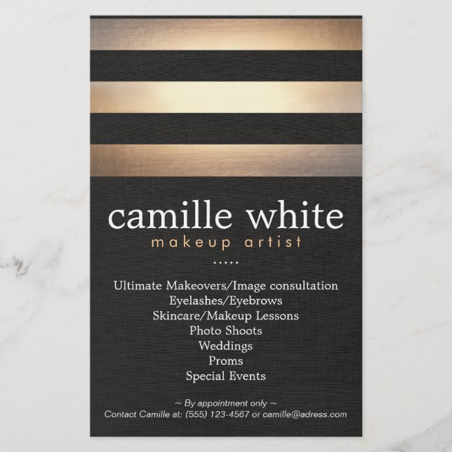 Flyer Makeup Artist Dourado Stripes Na moda Salon (Frente)