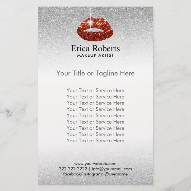 Flyer Makeup Artist Red Lábios Silver Glitter Beaut Salo (Frente)