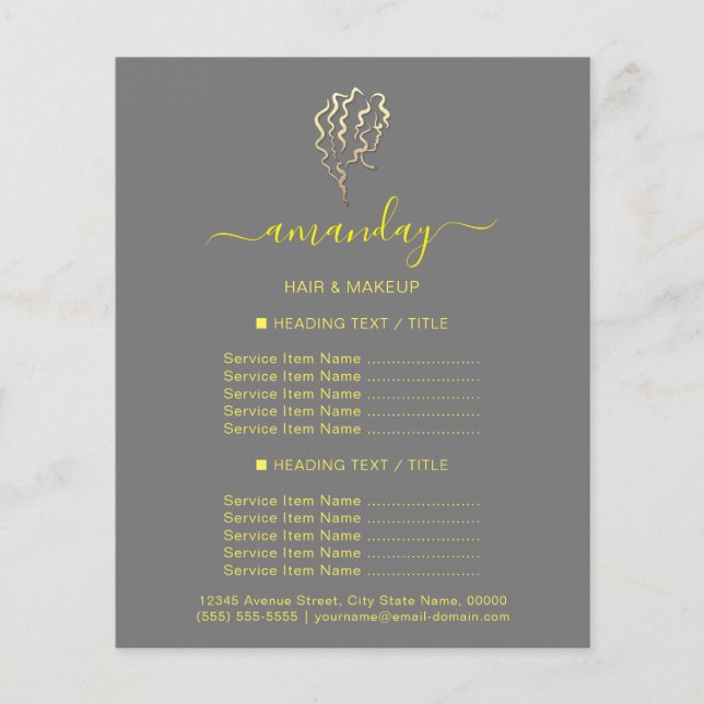 Flyer Makeup Beauty Salon Hairdresser Logo Cinza Dourada (Frente)