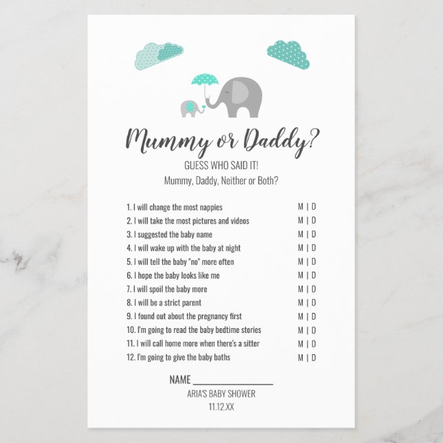 Flyer Mamãe Bebê Elefante com Nuvens Jogo da Mamãe/Papai (Frente)