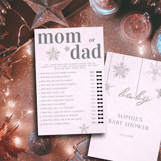 Flyer Mamãe ou Pai Jogo do Chá de fraldas Rosa (mom or dad baby shower game pink christmas winter girl invitation rhinestones glitter snowflakes)