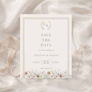 Flyer Marfim taupe monograma floral casamento Save the D