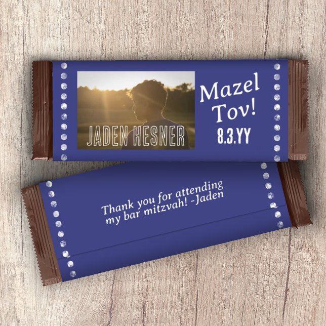 Flyer Marinho Azul e Bar Branco Invólucro do Bar Doce Mi (navy blue bar mitzvah personalized photo chocolate candy bar wrapper, custom party favor label)