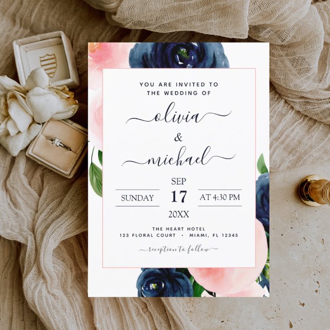 Flyer Marinho de Orçamento Casamento Floral Cor-de-Rosa  (Criador carregado)