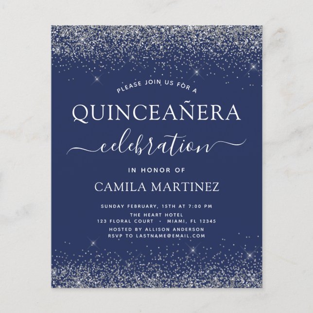 Flyer Marinho de Quinceanera Blue Silver Glitter (Frente)