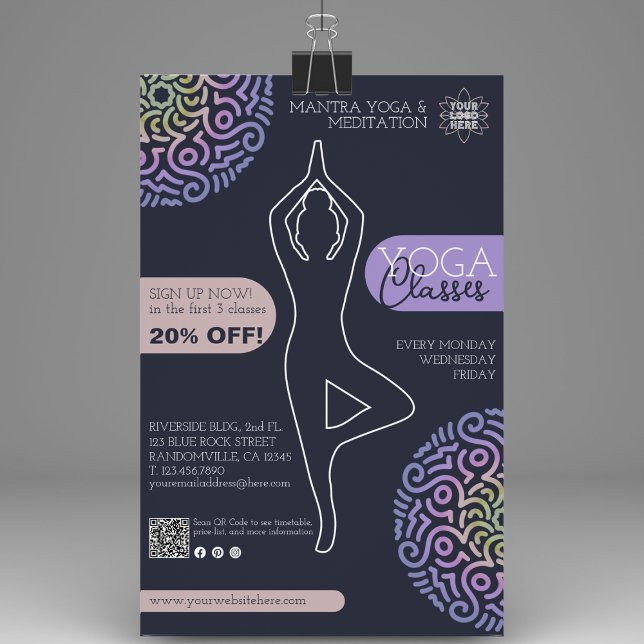 Flyer Marinho Elegante Classes de Yoga Blue Mandala (The best way to promote your yoga studio's classes is with our custom flyers.)