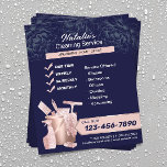 Flyer Marinho Floral para Rosa de limpeza de casas Doura<br><div class="desc">Serviço de Limpeza Doméstica Rosa Dourado e Marinho Azul Folhetos Domésticos.</div>