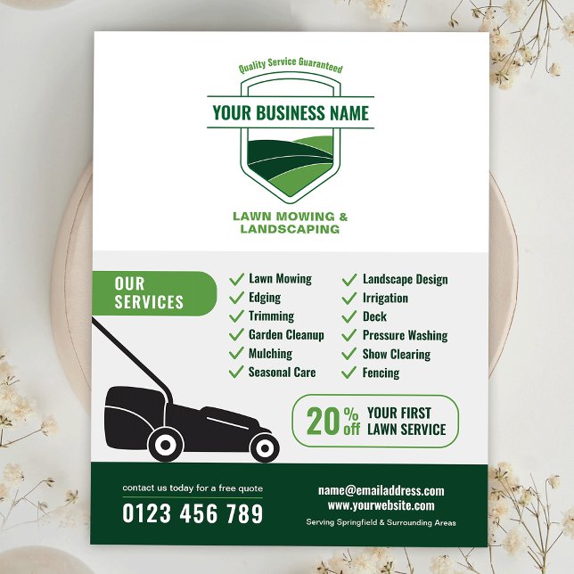 Flyer Marketing de Corte de Grama de Paisagismo Moderno (Modern Landscaping Lawn Mowing Marketing Flyer)