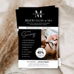 Flyer Marketing de negócios de serviços Spa Salon minima<br><div class="desc">Folheto de marketing de negócios minimalista com espaço para seu monograma ou logotipo, serviços, detalhes de contato e uma foto personalizada. Este folheto de beleza profissional ou marketing spa apresenta um design preto e branco moderno e um crachá de desconto para atrair novos clientes. Uma maneira fácil de anunciar seus...</div>