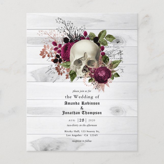 Flyer Marsala Floral Skull Halloween Casamento Gótico (Frente)