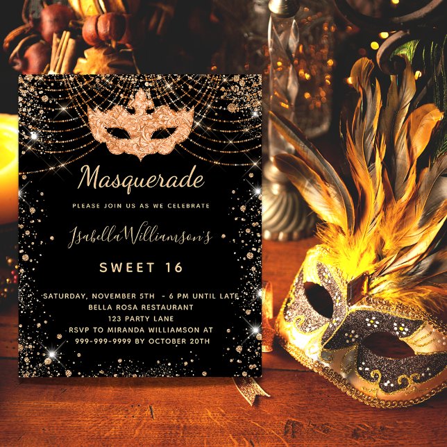 Flyer Mascarada negro de ouro Sweet 16 convite orçamenta (Criador carregado)