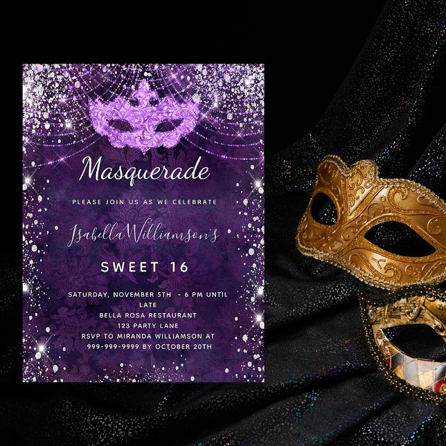 Flyer Mascarada púrpura Sweet 16 - convite orçamental (Criador carregado)