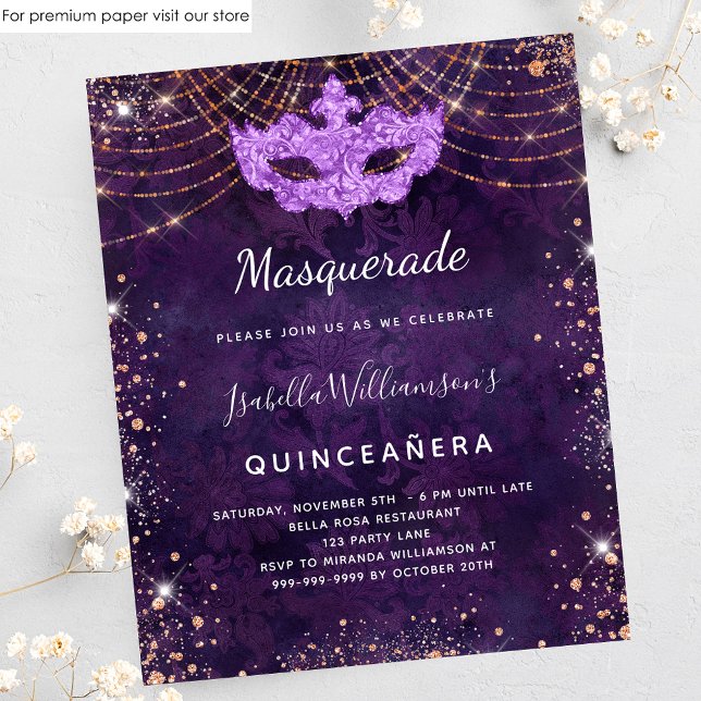 Flyer Mascarada Quinceanera convite para orçamento roxo (Criador carregado)