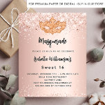 Flyer Mascarada rosa de ouro Sweet 16 convite orçamental<br><div class="desc">Por favor, note que este convite está no papel de folheto e é muito fino. Os envelopes não estão incluídos. Para convites mais espessos (mesmo design) visite nossa loja. Para um Mascarada elegante, para um doce 16, 16 anos. Um gradiente de ouro de rosa, giro, olhando para o fundo. Decorado...</div>