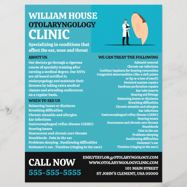 Flyer Médico Otolaringologista Otolaringologista Clínica (Frente)