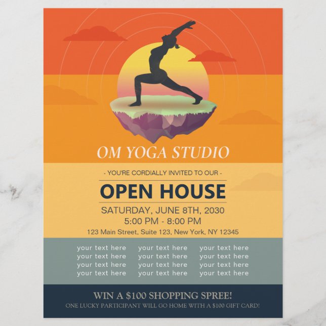 Flyer Meditação de Yoga Pose Sun Flying Island Open Hous (Frente)