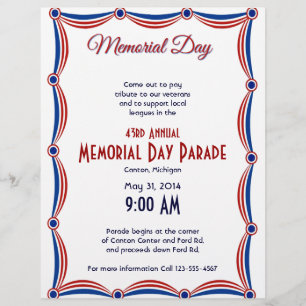 Flyer Memorial Day branco e azul vermelho da estamenha