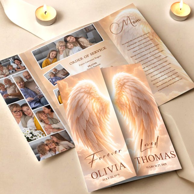 Flyer Memorial Program Orange Angel Wings Obituary (Funeral Program Orange Angel Wings Obituary Template Flyer, Funeral Memorial, Loss of Mother)