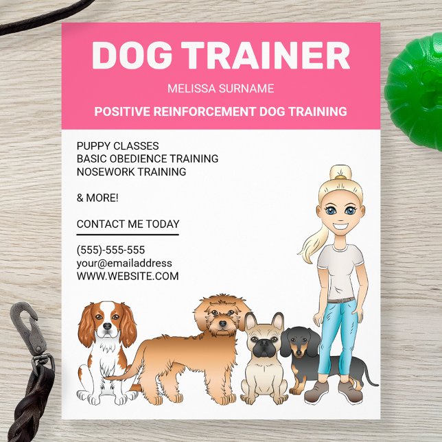 Flyer Menina Loura Com Cães Personalizáveis Treinador De (Cute design for anyone who works with dogs whether a dog trainer, a groomer, a dog walker...)