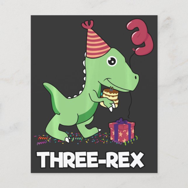 Flyer Menino de aniversário de 3 anos Dinossauro três cr (Frente)