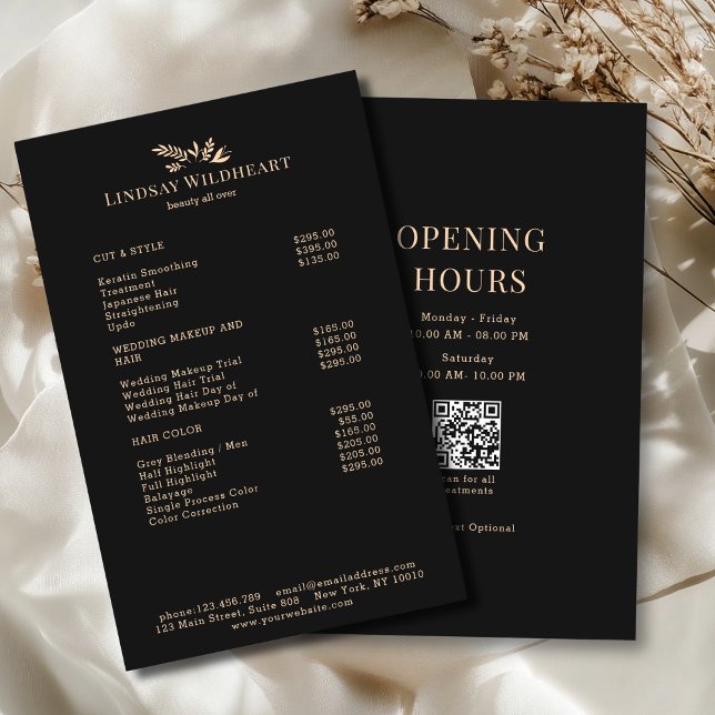 Flyer Minimal Black Botanical Salon QR Code Price List (Minimal Black Botanical Salon QR Code Price List Flyer)