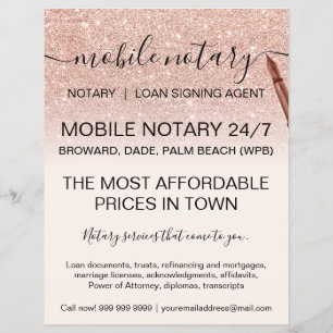 Flyer Mobile notary services rosa gold glitter ombre