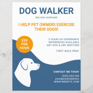 Flyer Modelo de passeador de cães azul e branco com lara