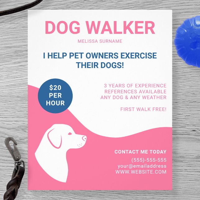 Flyer Modelo de passeador de cães rosa e branco com azul (Criador carregado)