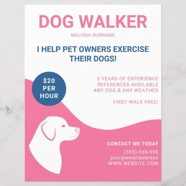 Flyer Modelo de passeador de cães rosa e branco com azul (Frente)