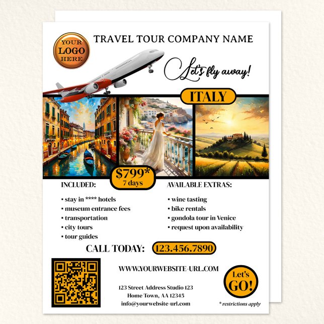Flyer Modelo de Viagem de Fotografia Elegante (A travel agency flyer with your logo, QR code and 3 photos - with custom background and other colors)