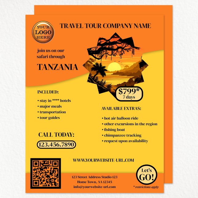 Flyer Modelo Viagem Safari Laranja (A bright orange on custom background color travel agency flyer with your logo and photo)