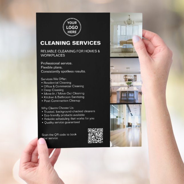 Flyer Modern Black Cleaning Services Photo Logo QR (Modern Black Cleaning Services Photo Logo QR Flyer)