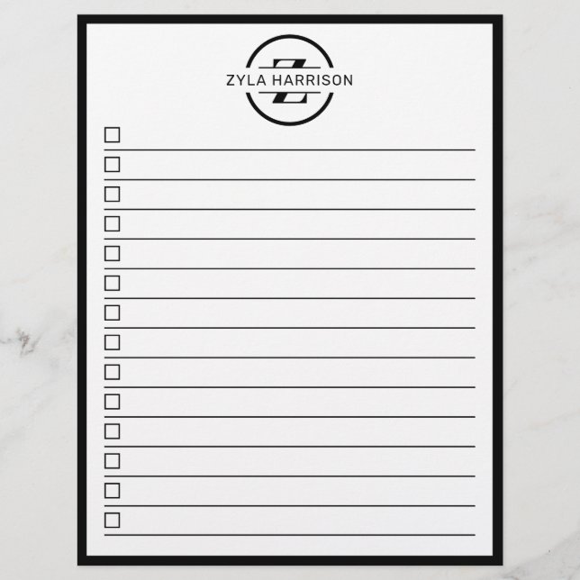 Flyer Modern Black White Monogram Name To Do List (Frente)