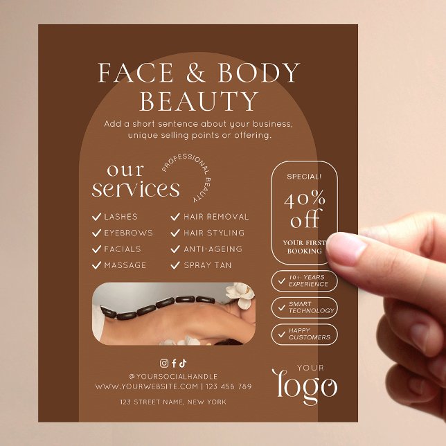 Flyer Modern Boho Terracotta Beauty Spa Salon Marketing (Trendy boho arch business marketing flyer in earthy terracotta tones)