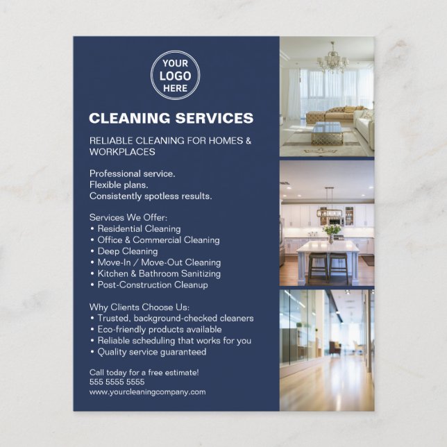 Flyer Modern Cleaning Services Photo Logo Navy Blue (Frente)