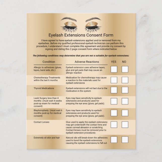 Flyer Modern Gold Eyelash Extensions Liability Waiver (Frente)
