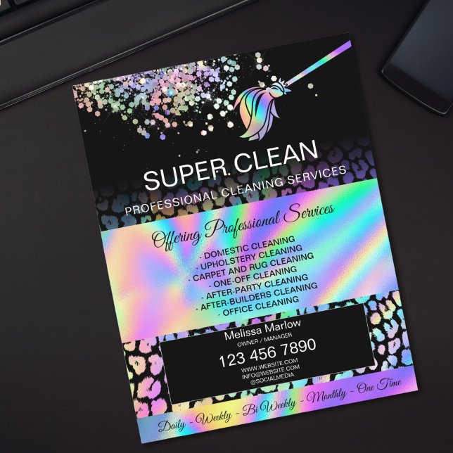 Flyer Modern Housekeeping House Cleaning Maid Janitor (holographic cleaning services leopard texture business cards)