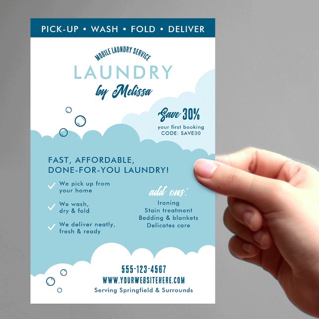Flyer Modern Mobile Laundry Service Laundromat Marketing (Trendy laundry service marketing flyer in blue and white with fully editable text & QR code)