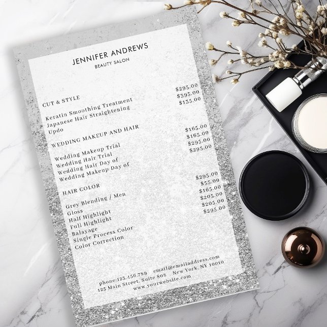Flyer Modern Silver Glitter Salon Price List  (Criador carregado)