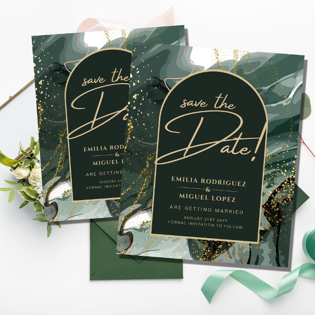 Flyer Moderno Emerald Green Dourado Agate Marble WEDDING (Criador carregado)