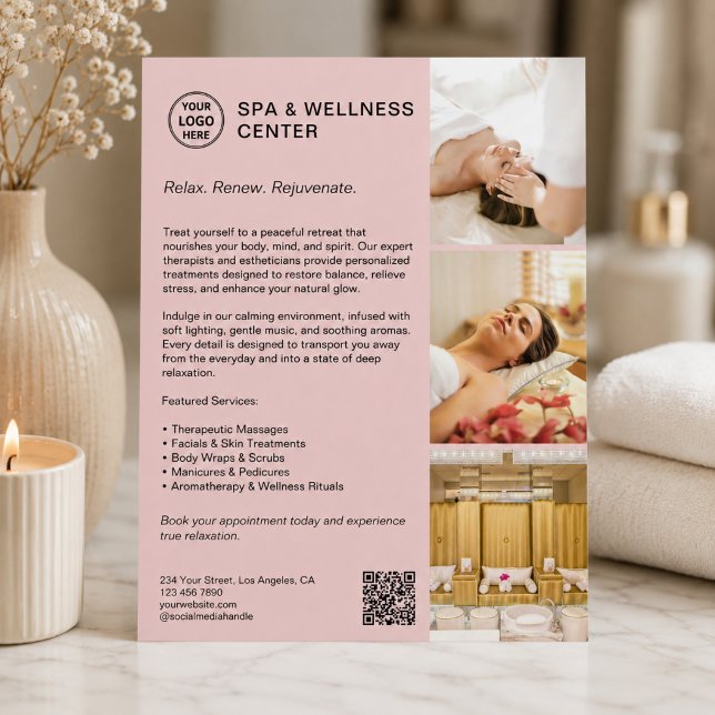 Flyer Moderno Spa Bem-Estar Rosa Promocional Empresarial (Modern Spa Wellness Pink Promotional Business Flyer)