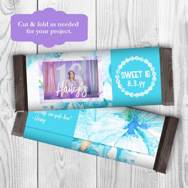 Flyer Molhador de Bar de doce personalizado Turquoise Sw (teal-blue sweet 16 personalized chocolate candy bar wrapper, birthday photo and name custom label)