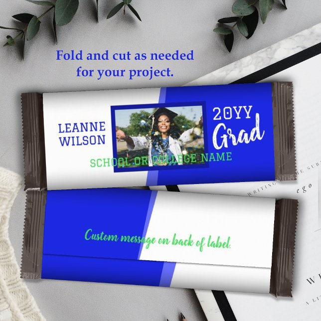 Flyer Molhador de Bar de Doces Personalizado para Gradua (royal blue school colors graduation personalized candy bar wrapper, diy chocolate bar label for grad)