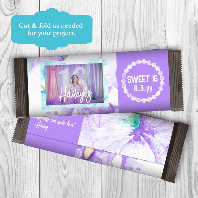 Flyer Molhador de Bar Doces Personalizado 16 Purple Swee (purple sweet 16 personalized chocolate candy bar wrapper, birthday photo and name custom label)