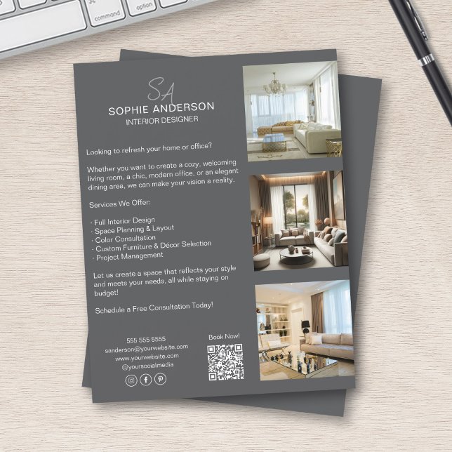 Flyer Monograma Foto QR Cinza Profissional (Monogram Photo QR Grey Professional Business Flyer)
